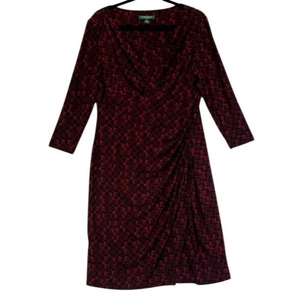 NWT LAUREN RALPH LAUREN Sheath Dress Sz 14 Red Geometric Ruched Midi 3/4 Sleeve - Picture 2 of 16